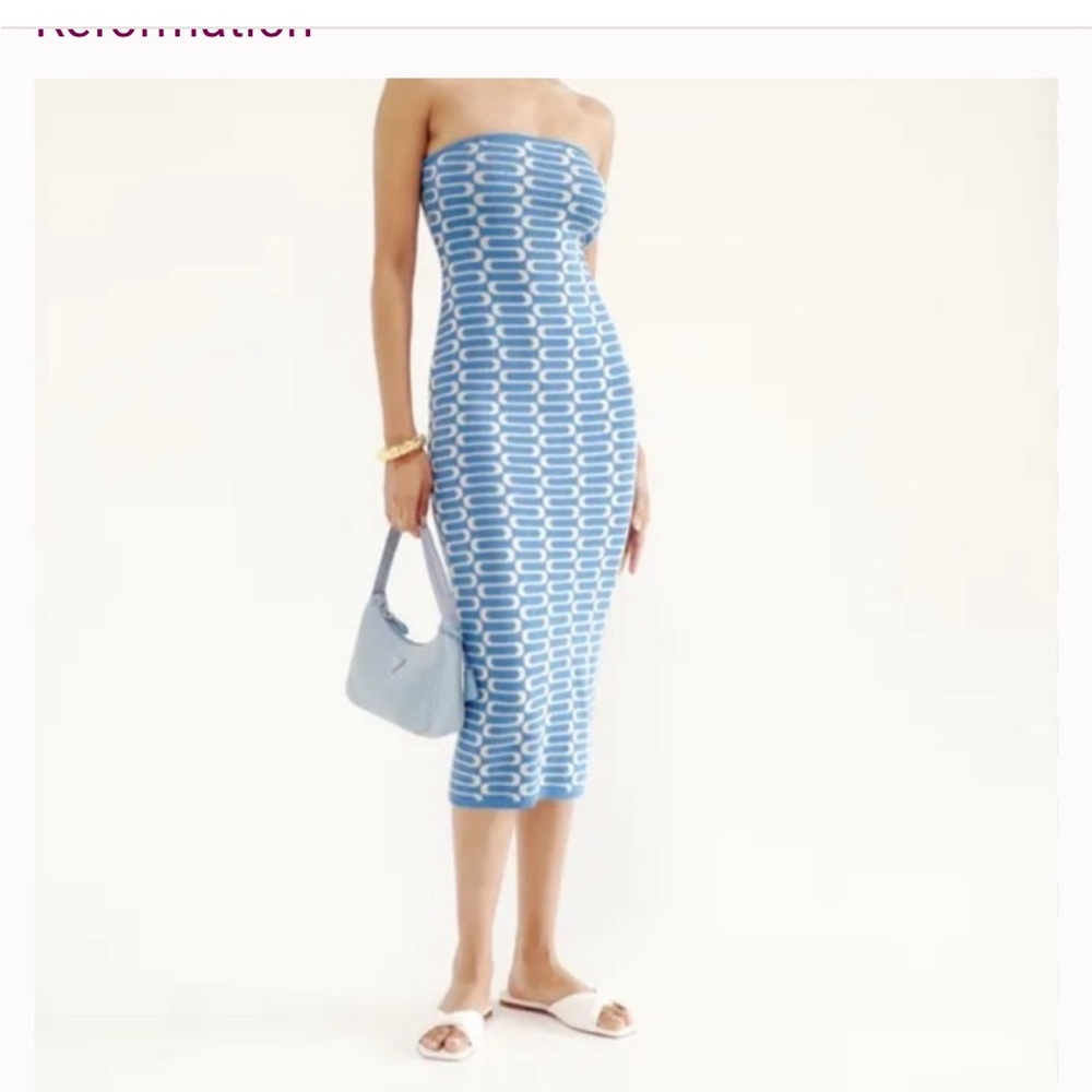 Reformation One Shoulder Blue and White Dress
